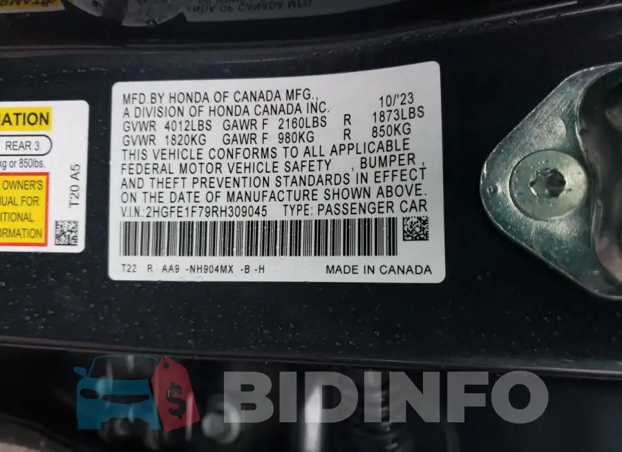 2HGFE1F79RH309045 Photo# 12