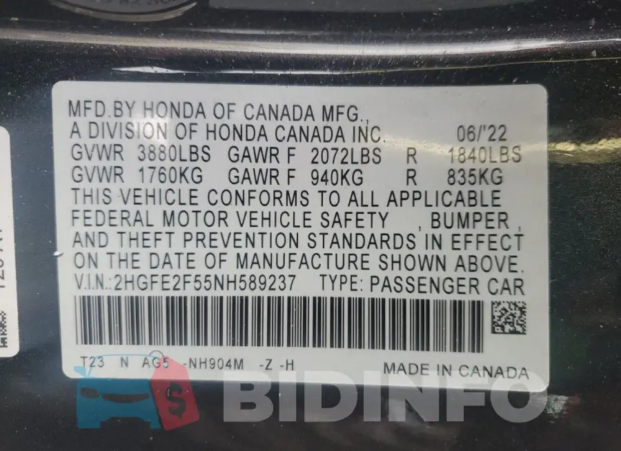 2HGFE2F55NH589237 Photo# 12