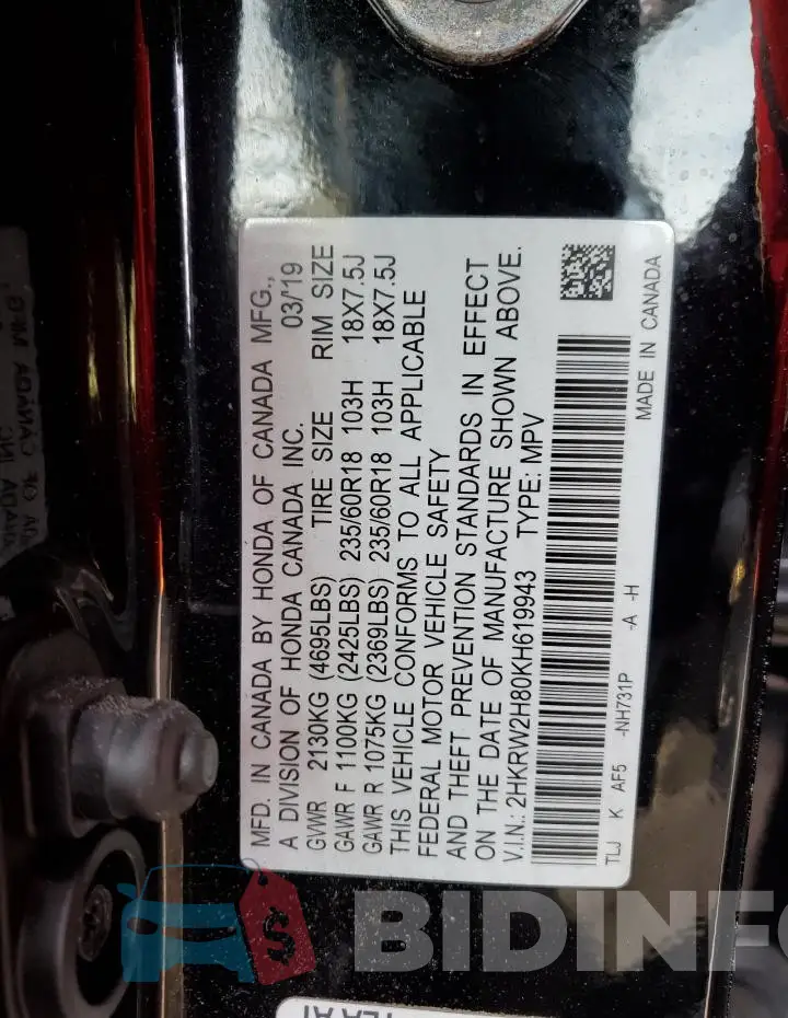 2HKRW2H80KH619943 Photo# 13