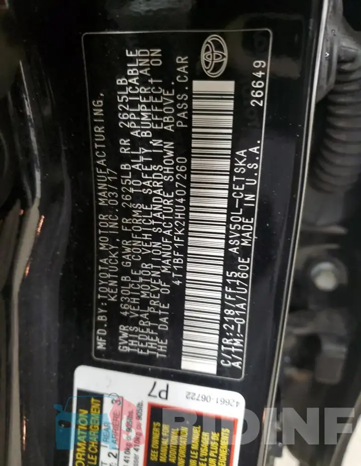 4T1BF1FK2HU407260 Photo# 12
