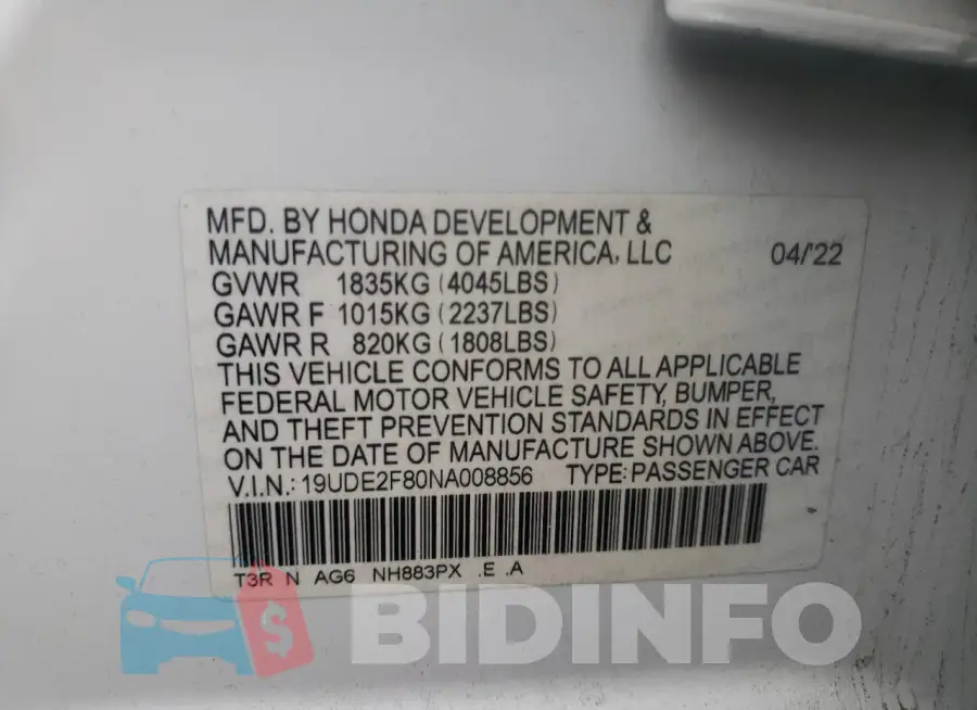 19UDE2F80NA008856 Photo# 12