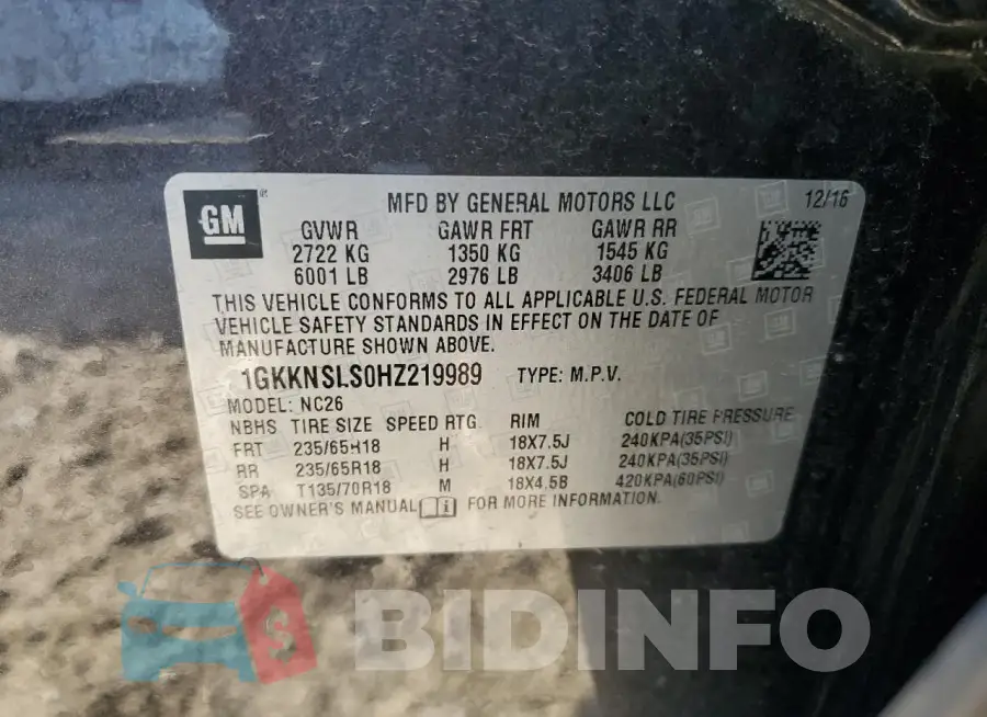 1GKKNSLS0HZ219989 Photo# 13