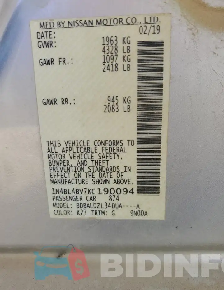 1N4BL4BV7KC190094 Photo# 12