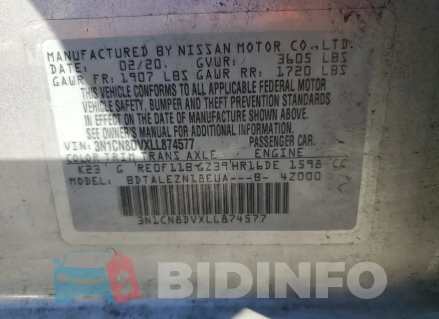 3N1CN8DVXLL874577 Photo# 12