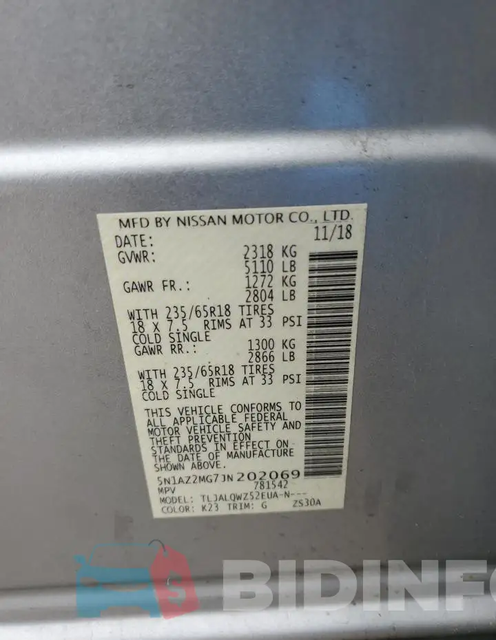 5N1AZ2MG7JN202069 Photo# 13