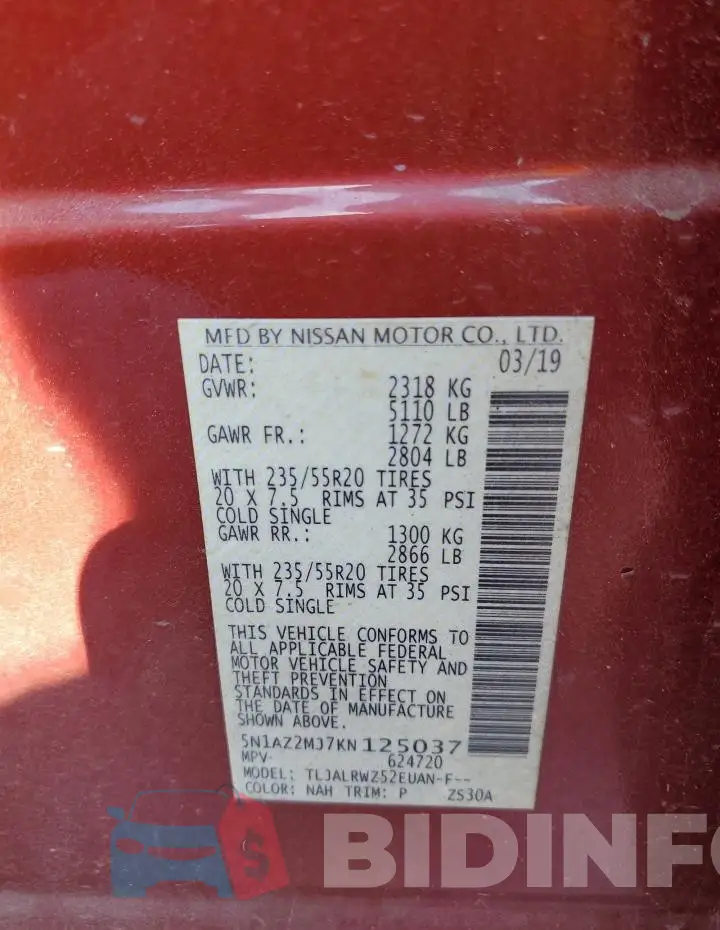 5N1AZ2MJ7KN125037 Photo# 13