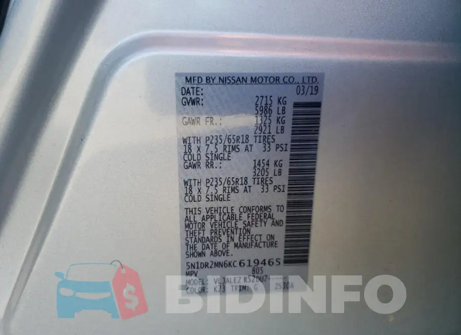5N1DR2MN6KC619465 Photo# 13