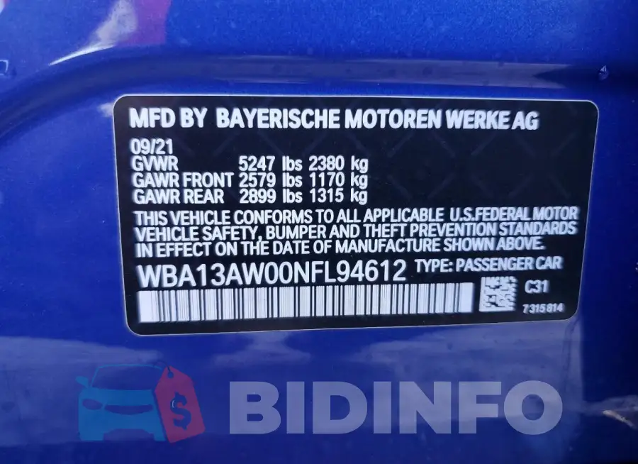 WBA13AW00NFL94612 Photo# 12