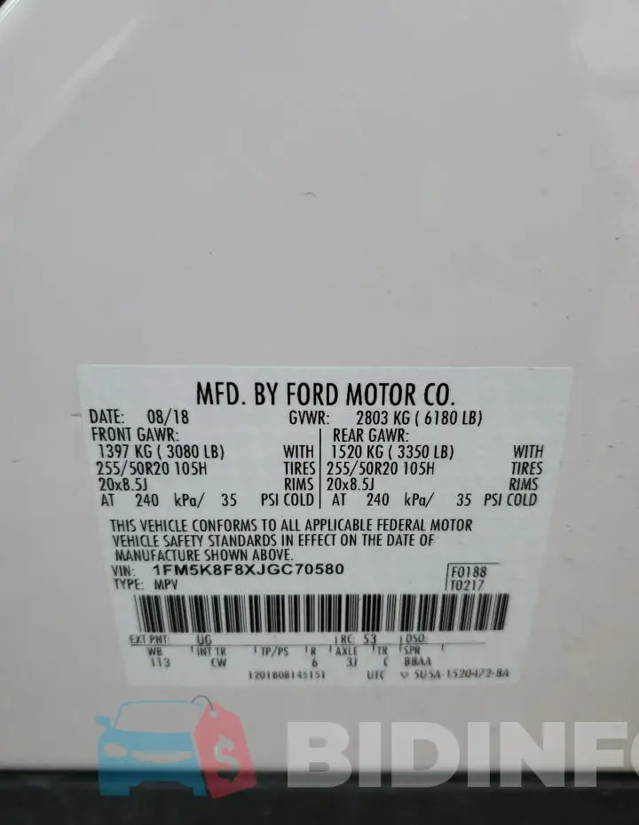 1FM5K8F8XJGC70580 Photo# 13