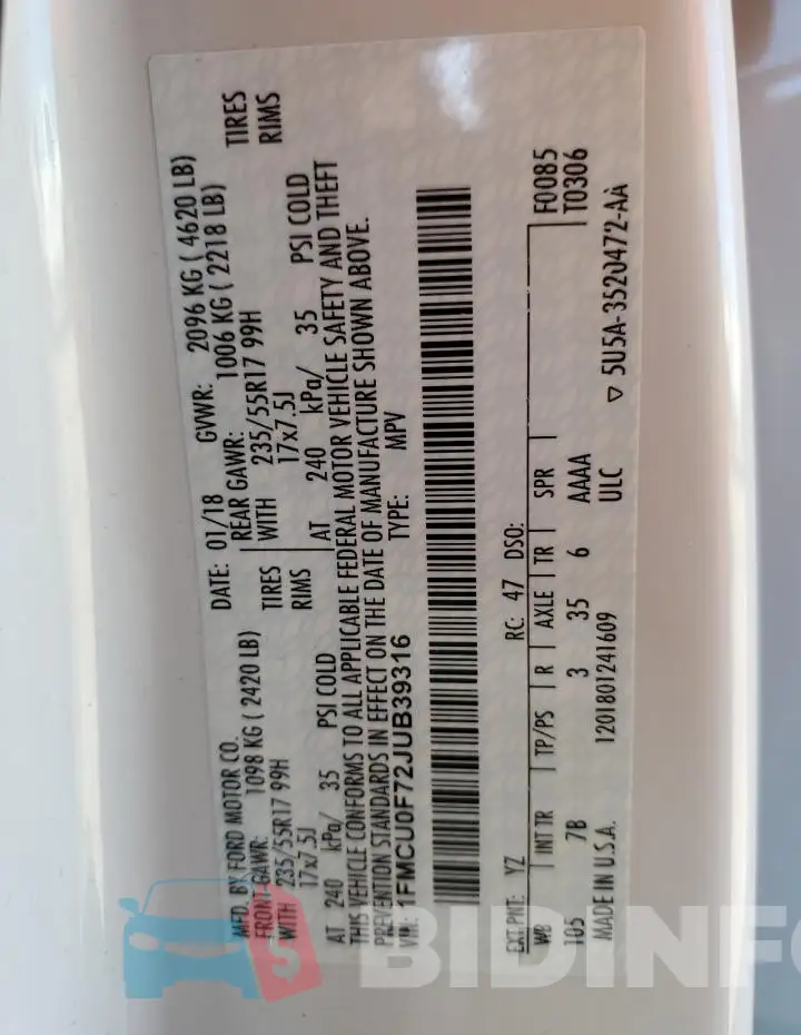 1FMCU0F72JUB39316 Photo# 13