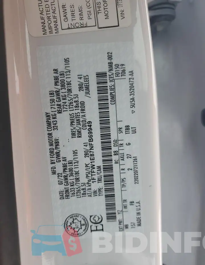 1FTFW1E87NFB69949 Photo# 12