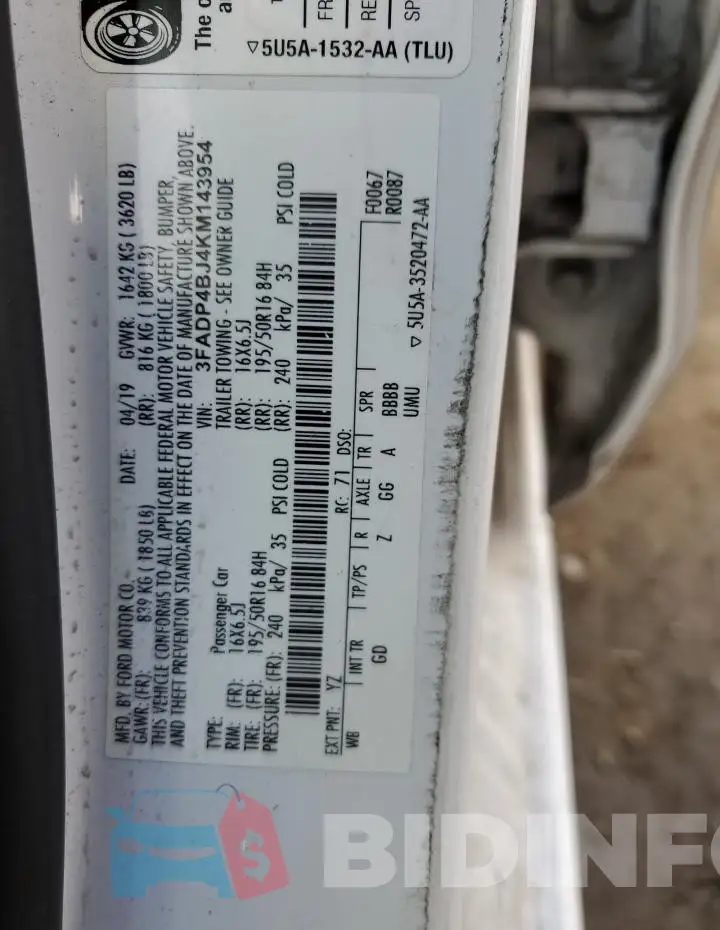3FADP4BJ4KM143954 Photo# 13