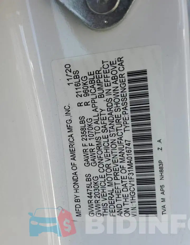 1HGCV1F31MA016747 Photo# 13