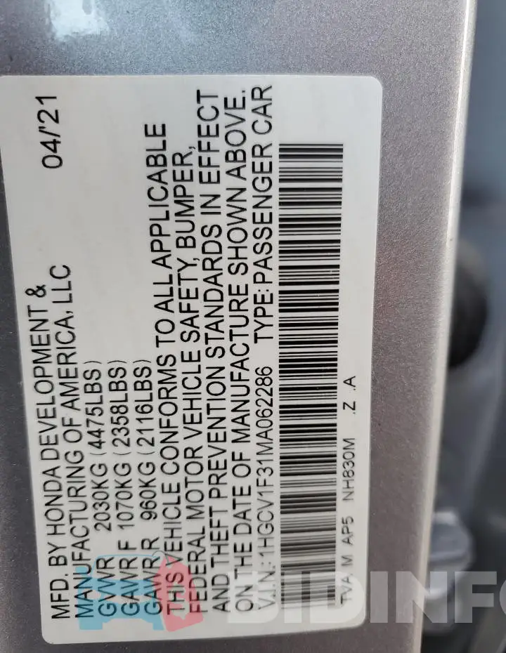 1HGCV1F31MA062286 Photo# 12
