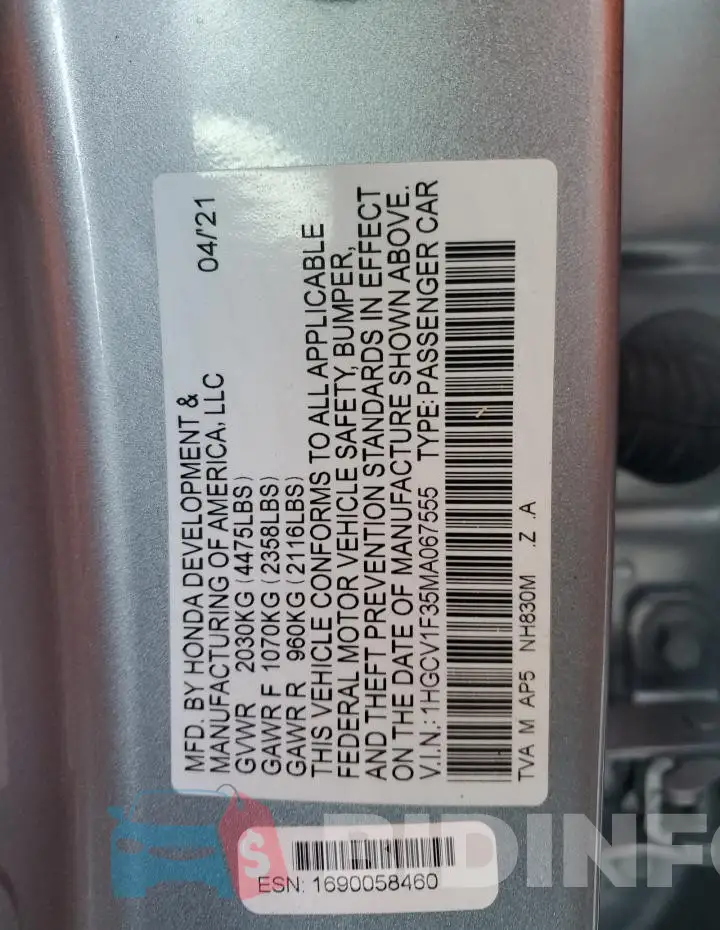 1HGCV1F35MA067555 Photo# 12