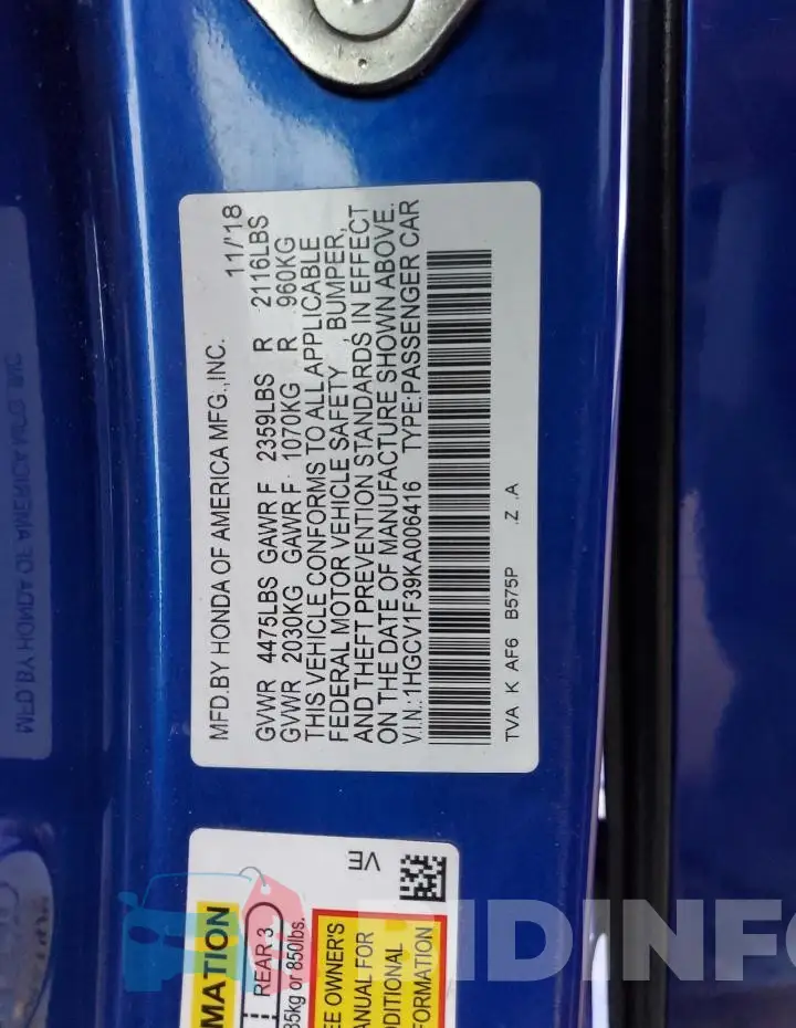 1HGCV1F39KA006416 Photo# 12