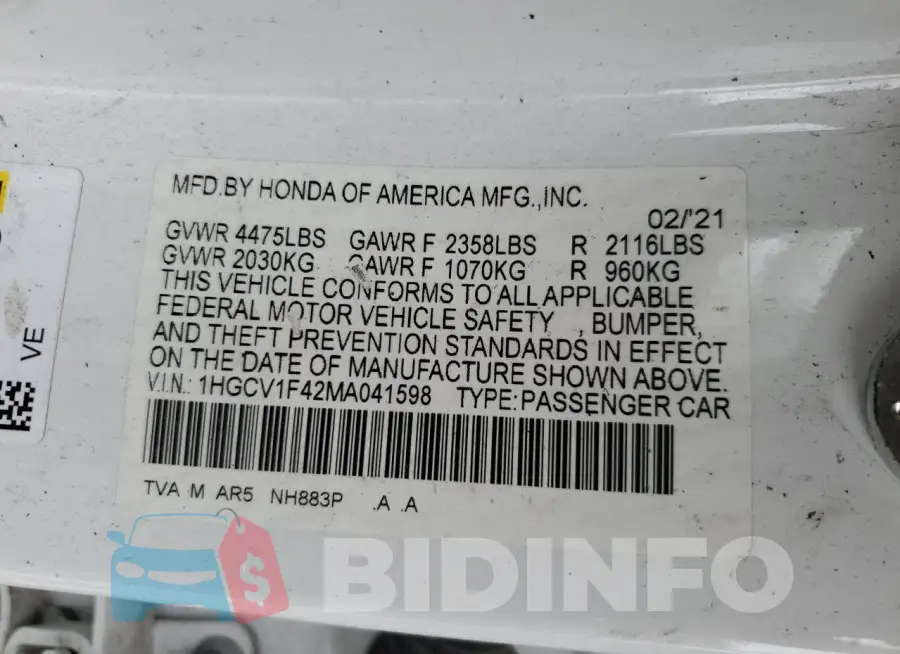 1HGCV1F42MA041598 Photo# 12