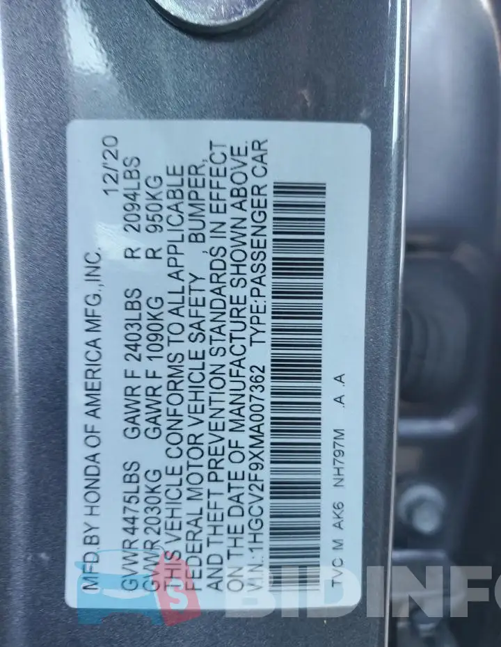 1HGCV2F9XMA007362 Photo# 12