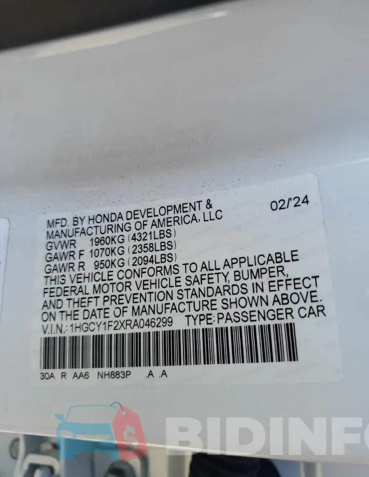 1HGCY1F2XRA046299 Photo# 12