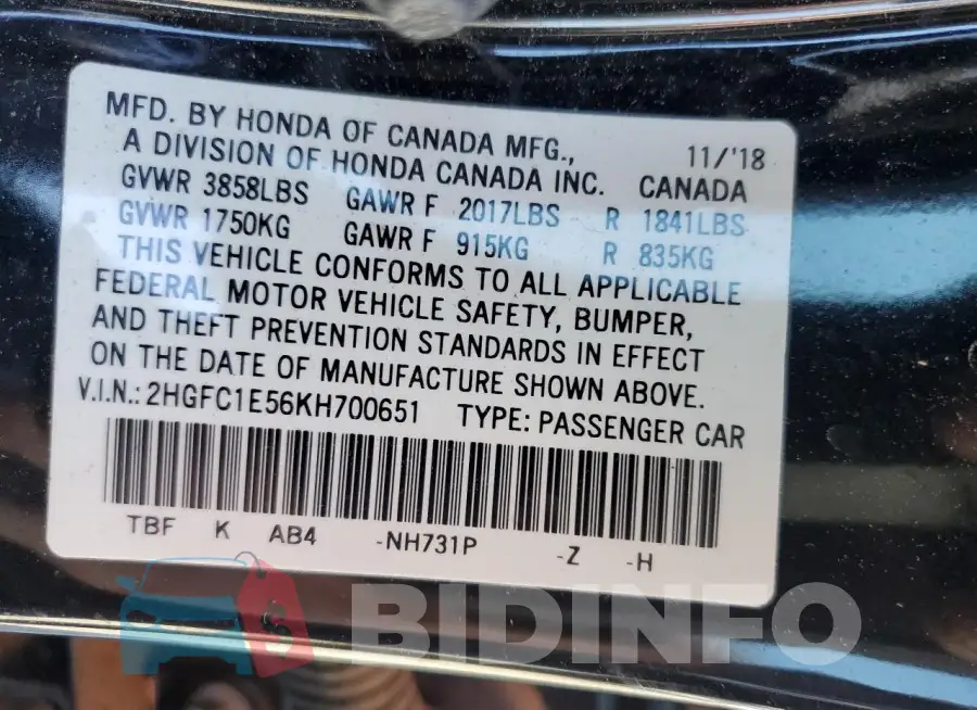 2HGFC1E56KH700651 Photo# 12