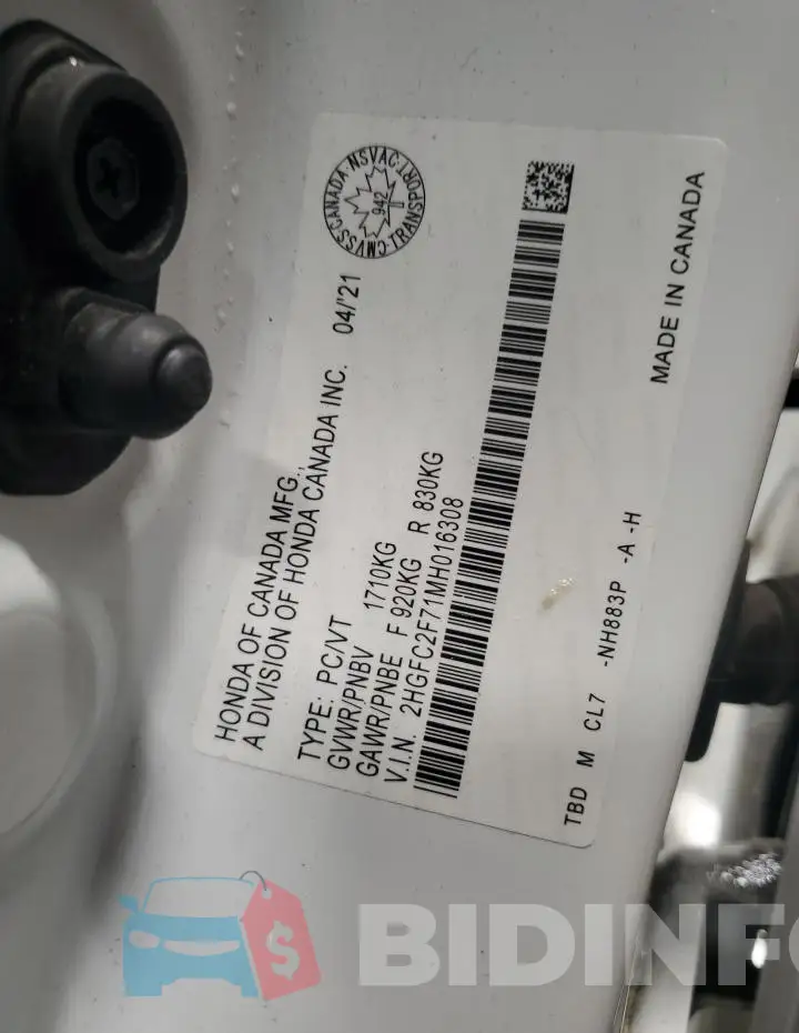 2HGFC2F71MH016308 Photo# 12