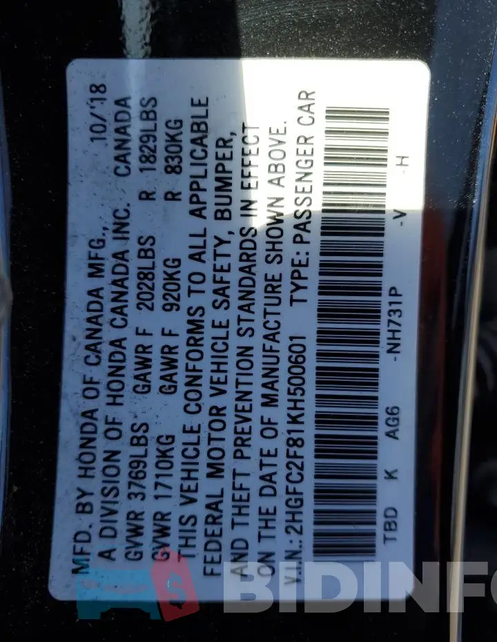 2HGFC2F81KH500601 Photo# 12