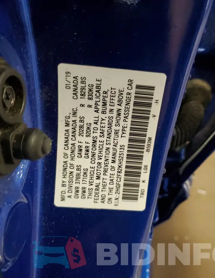 2HGFC2F82KH525135 Photo# 12