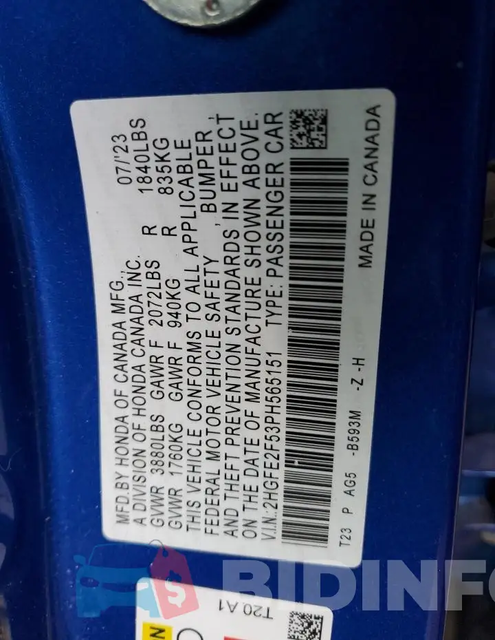 2HGFE2F53PH565151 Photo# 12