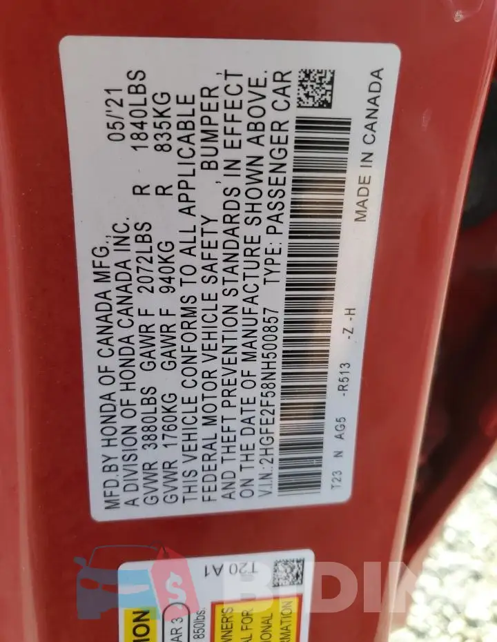 2HGFE2F58NH500857 Photo# 12