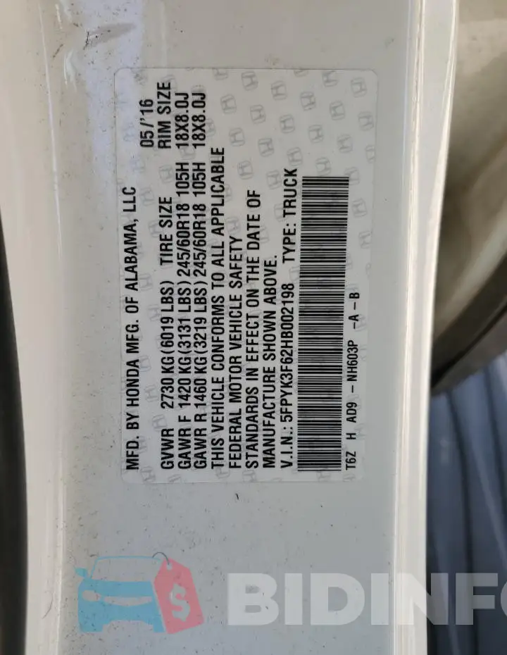 5FPYK3F62HB002198 Photo# 12