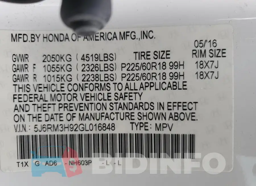 5J6RM3H92GL016848 Photo# 13
