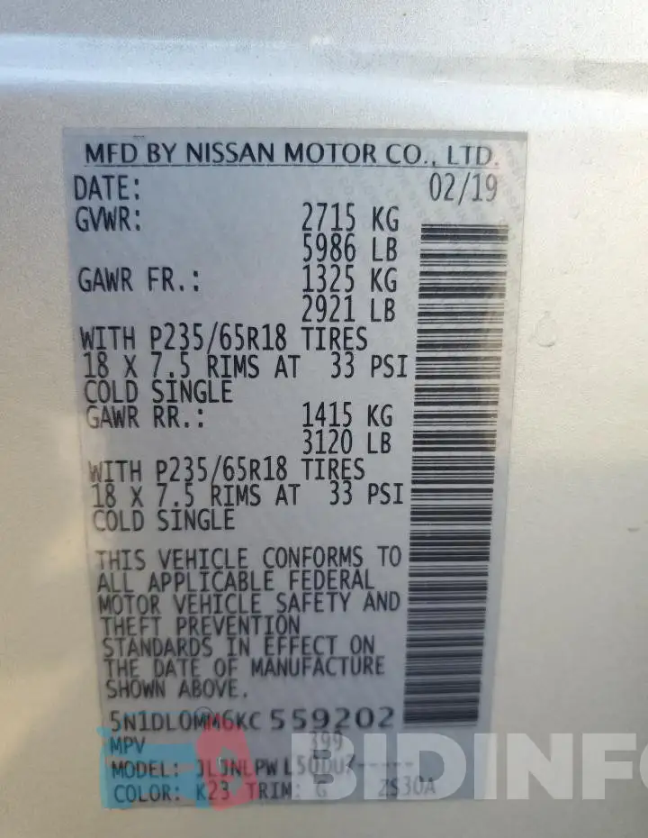 5N1DL0MM6KC559202 Photo# 13