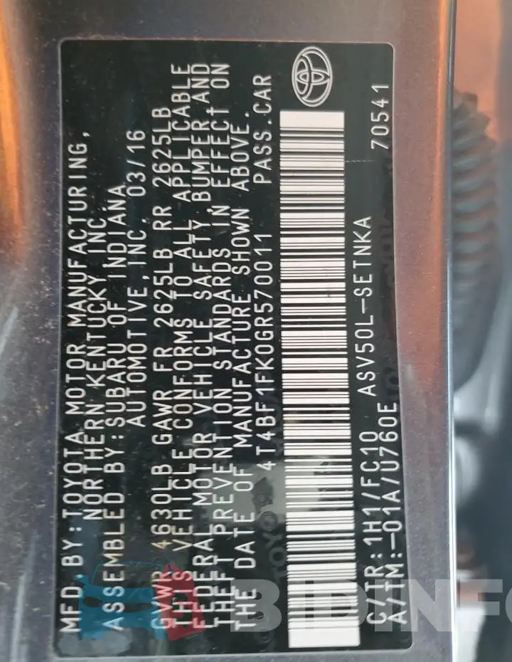 4T4BF1FK0GR570011 Photo# 12