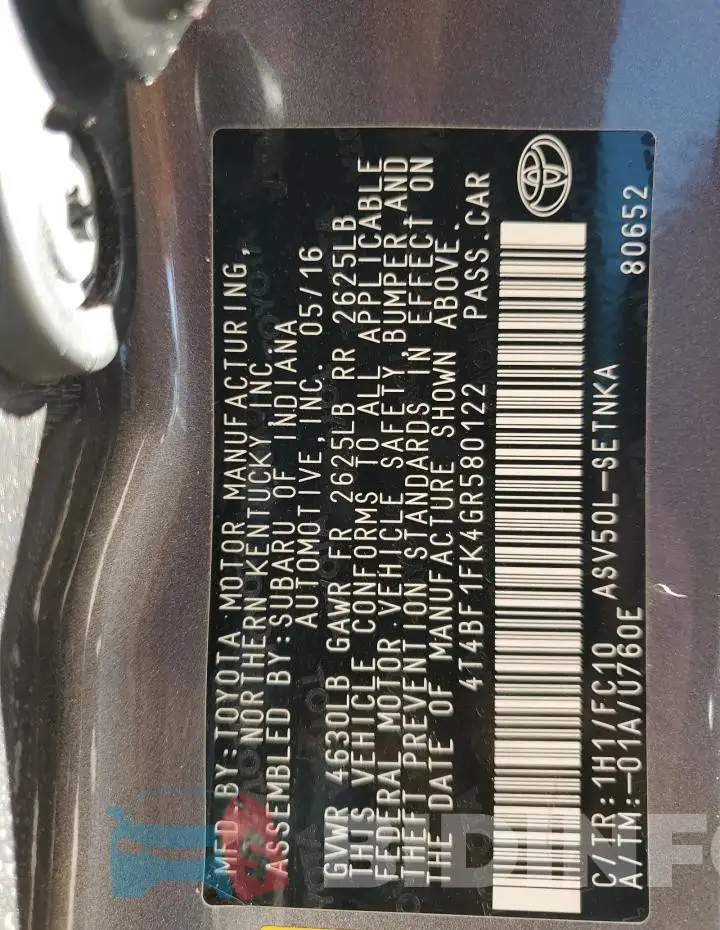 4T4BF1FK4GR580122 Photo# 12