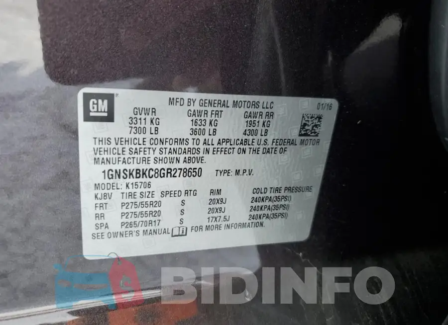 1GNSKBKC8GR278650 Photo# 13