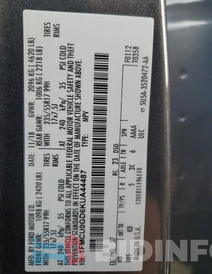 1FMCU0GD6KUA44487 Photo# 13
