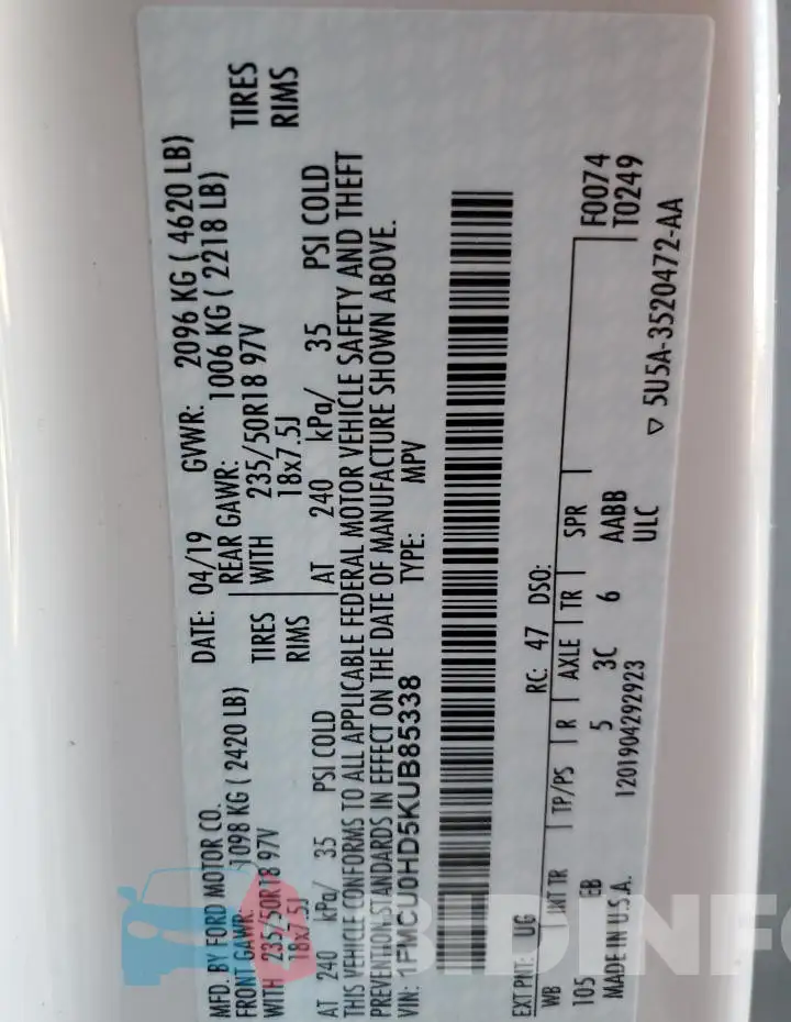 1FMCU0HD5KUB85338 Photo# 12