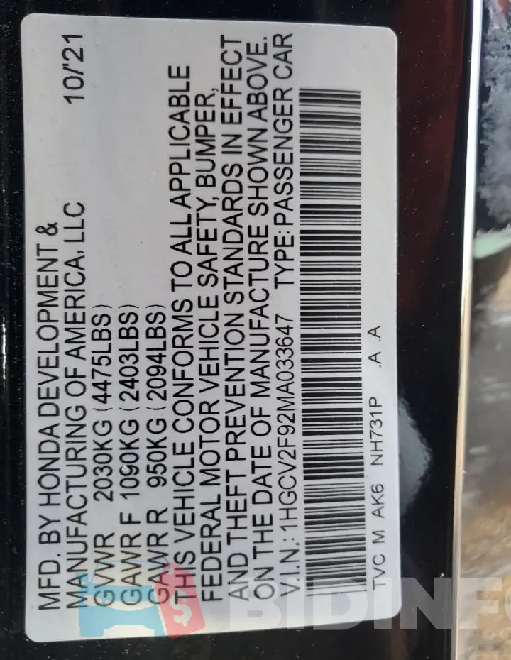 1HGCV2F92MA033647 Photo# 13