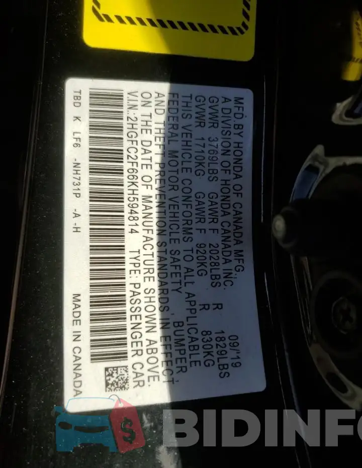 2HGFC2F66KH594814 Photo# 13