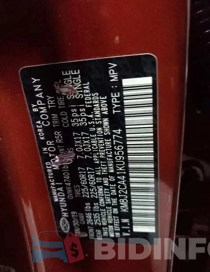 KM8J2CA41KU956774 Photo# 14
