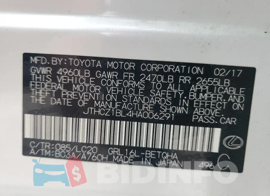 JTHCZ1BL4HA006291 Photo# 12