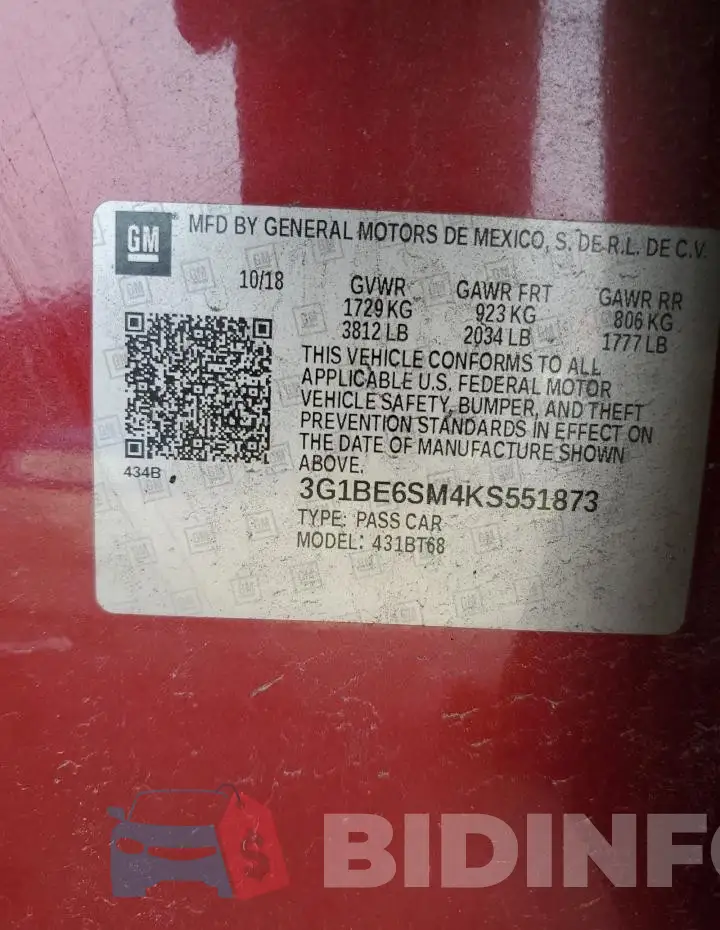 3G1BE6SM4KS551873 Photo# 12