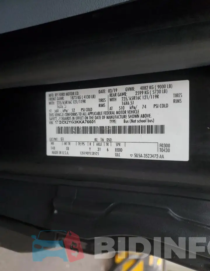 1FBZX2YG3KKA76601 Photo# 13
