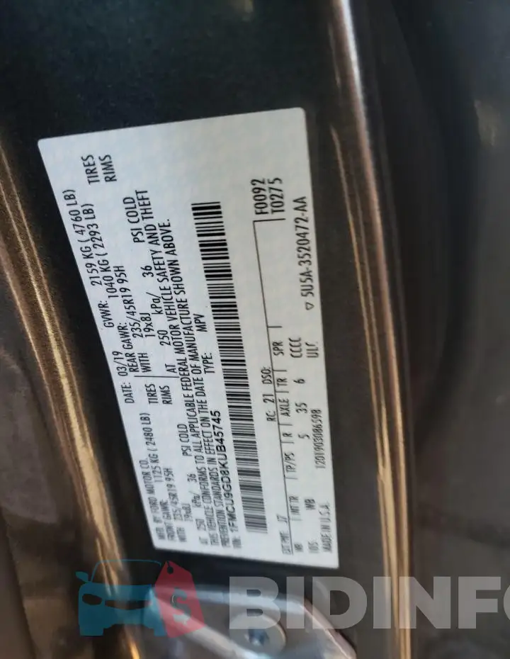 1FMCU9GD8KUB45745 Photo# 13