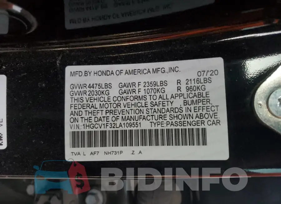 1HGCV1F32LA109551 Photo# 12