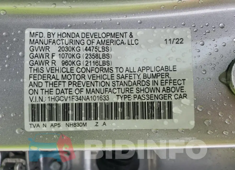 1HGCV1F34NA101633 Photo# 12