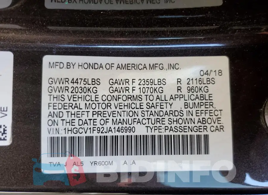 1HGCV1F92JA146990 Photo# 12