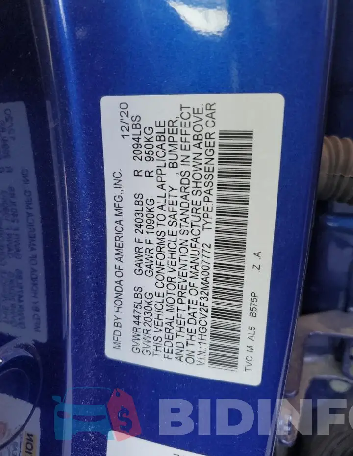1HGCV2F32MA007772 Photo# 12