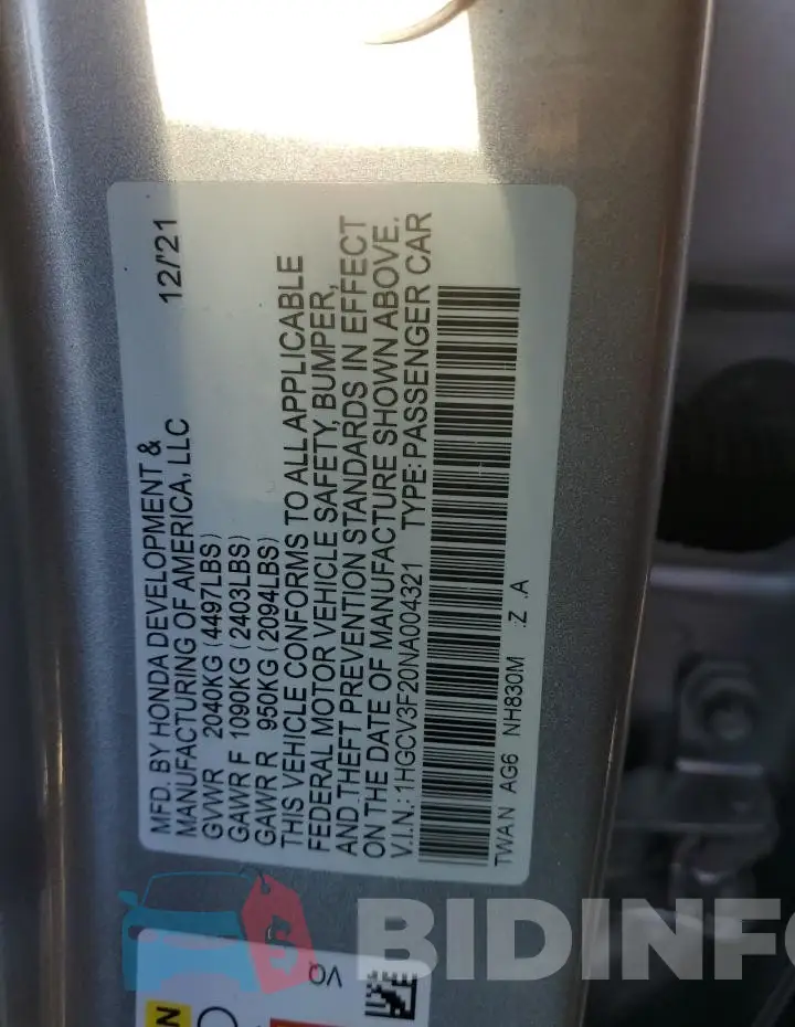 1HGCV3F20NA004321 Photo# 12