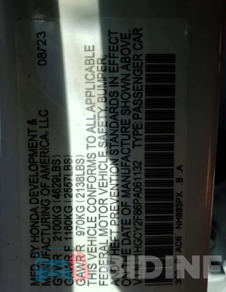 1HGCY2F86PA061132 Photo# 13
